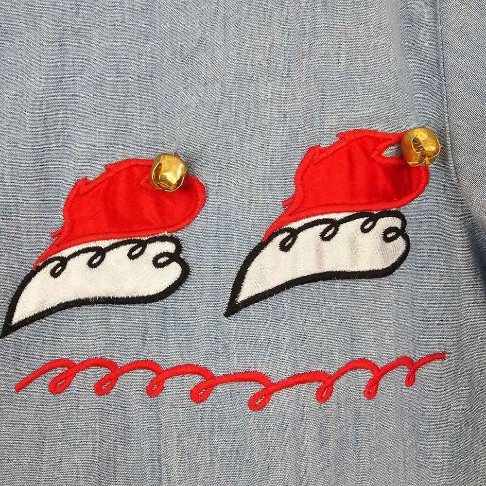 Womens Sz M/L P Blue Cotton Christmas Button Up Shirt Holidays Bells Festive - Picture 3 of 12